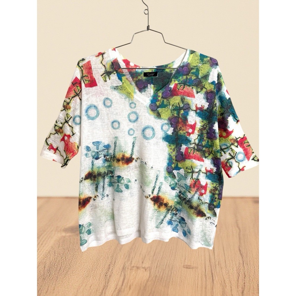 Inoah Wearable Art Tunic Top Oversized One Size 56" Bust White Abstract USA